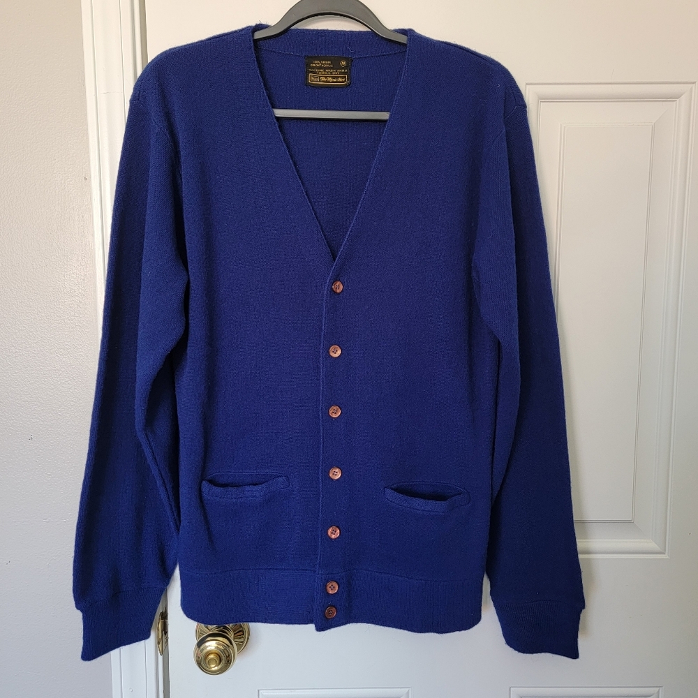 Vintage Sears The Mens Store Grandpa Cardigan V Neck Royal Blue Pockets Size M